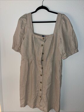 Old Navy Beige Button-Front Puff Sleeve Dress